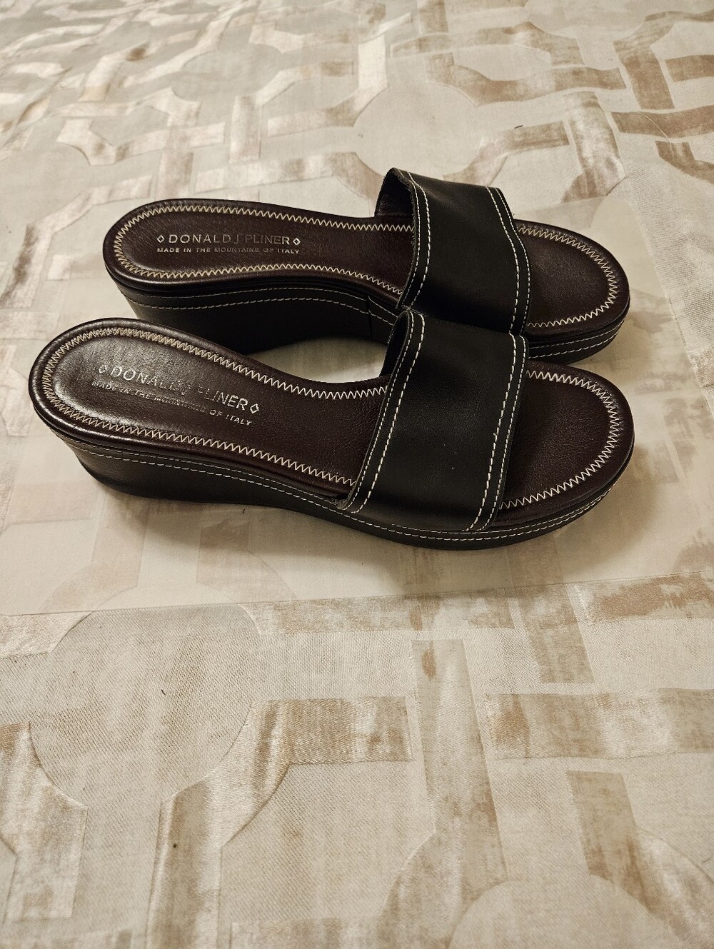 Donald J. Pliner Black Slide Wedge Sandals with White Stitching